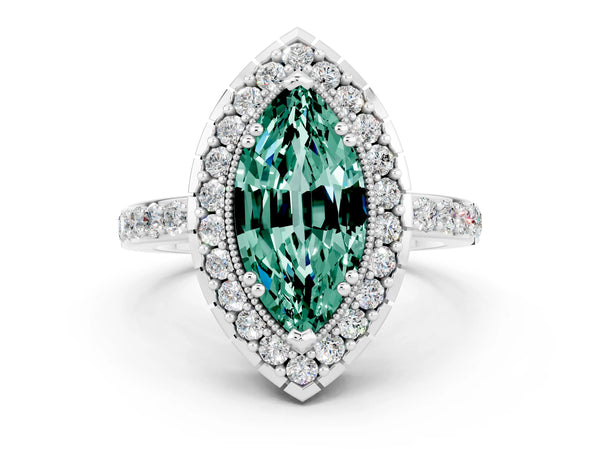 Platinum Marquise Cut Green Sapphire Halo Ring with Pavé Band and Prong Setting