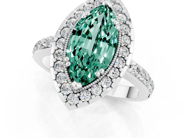 White gold Marquise Cut Green Sapphire Halo Ring with Pavé Band and Prong Setting