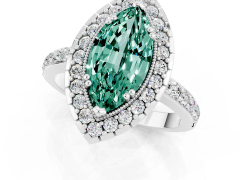 White gold Marquise Cut Green Sapphire Halo Ring with Pavé Band and Prong Setting_1