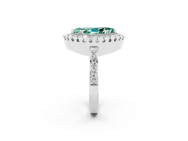 Platinum Marquise Cut Green Sapphire Halo Ring with Pavé Band and Prong Setting