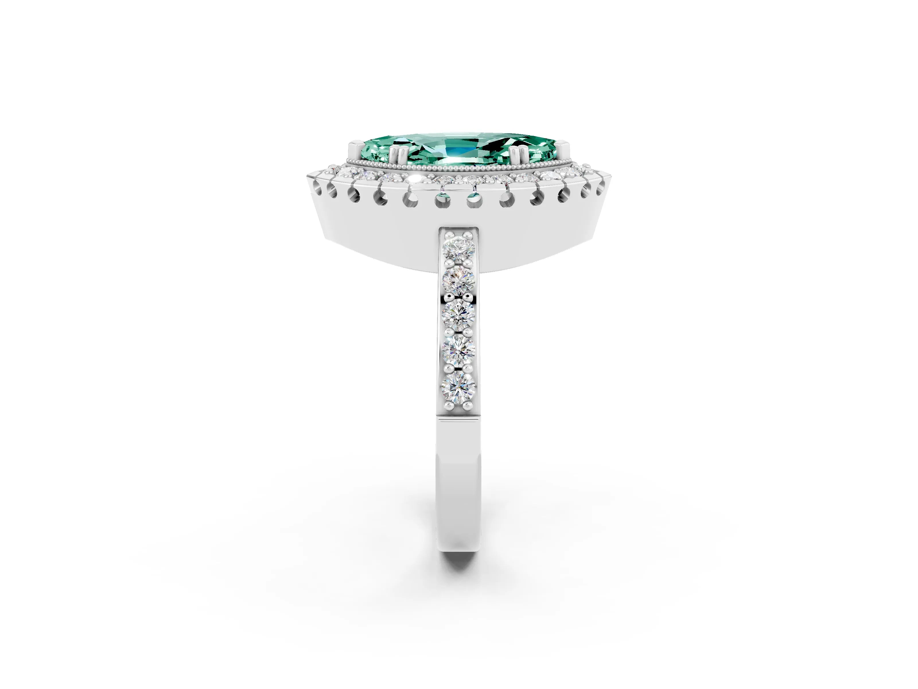 White gold Marquise Cut Green Sapphire Halo Ring with Pavé Band and Prong Setting_2