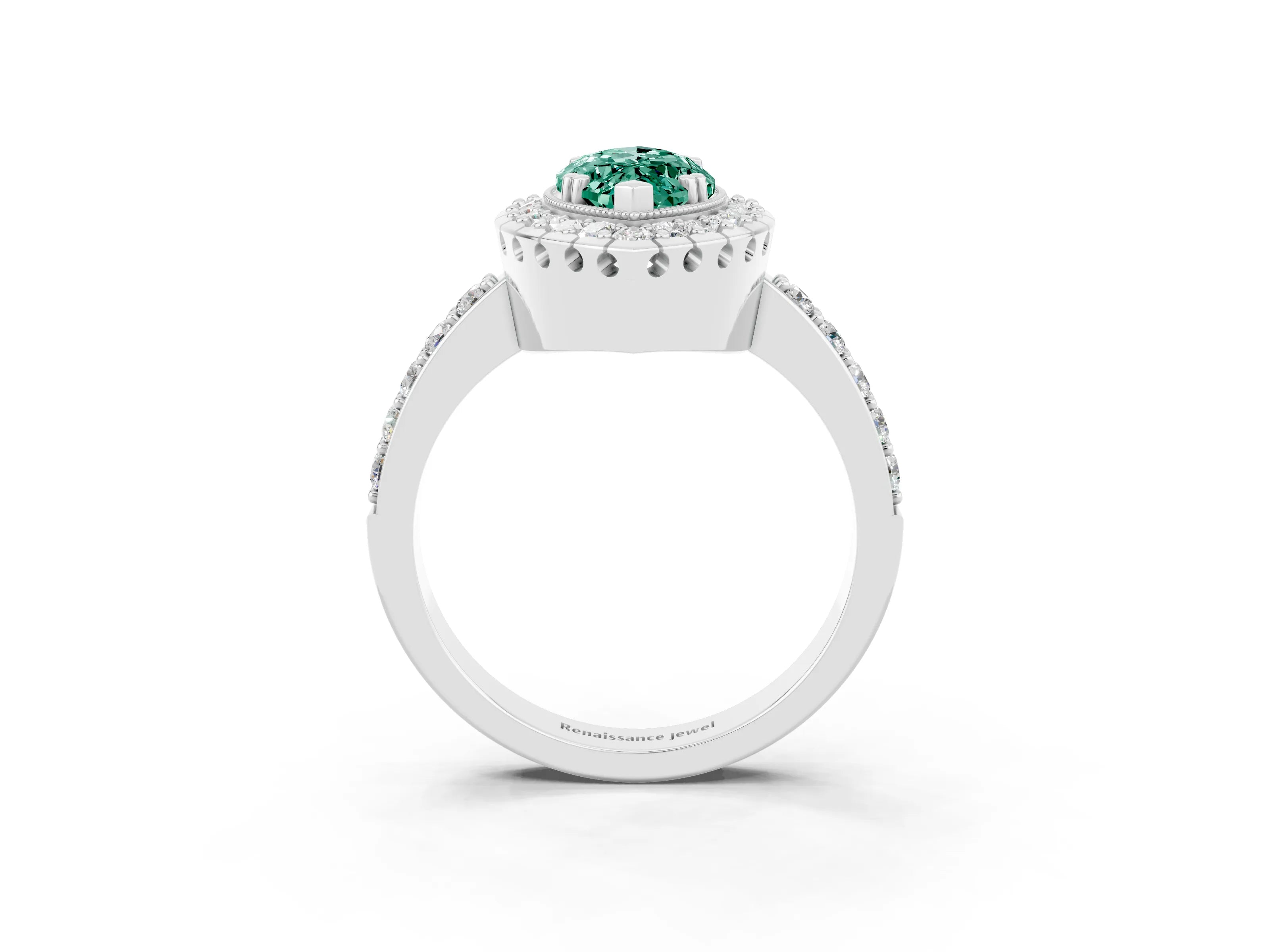 White gold Marquise Cut Green Sapphire Halo Ring with Pavé Band and Prong Setting_3