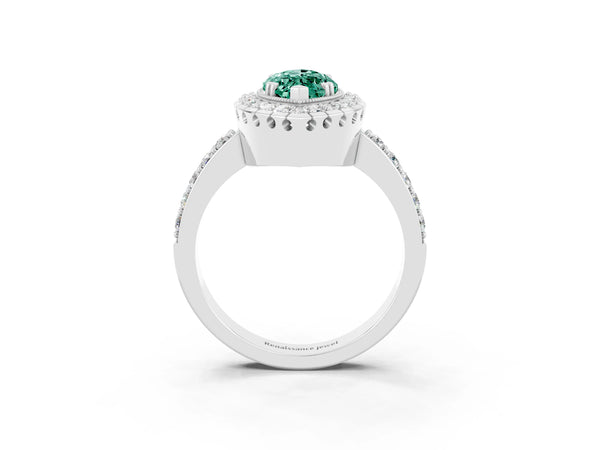 Platinum Marquise Cut Green Sapphire Halo Ring with Pavé Band and Prong Setting