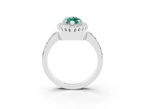 White gold Marquise Cut Green Sapphire Halo Ring with Pavé Band and Prong Setting_3
