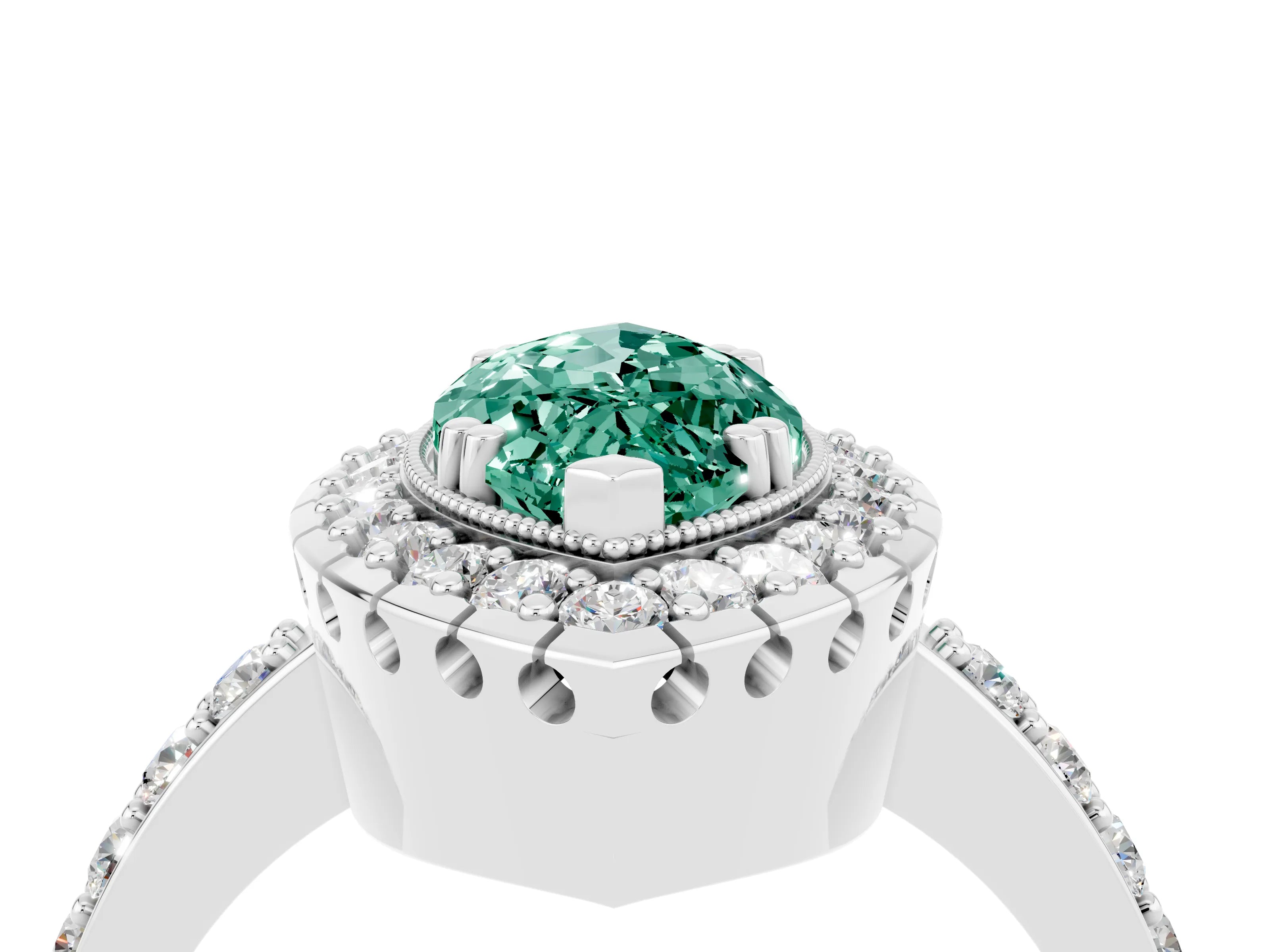 White gold Marquise Cut Green Sapphire Halo Ring with Pavé Band and Prong Setting_4