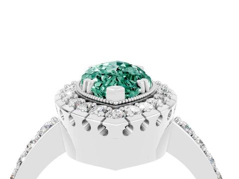 White gold Marquise Cut Green Sapphire Halo Ring with Pavé Band and Prong Setting_4