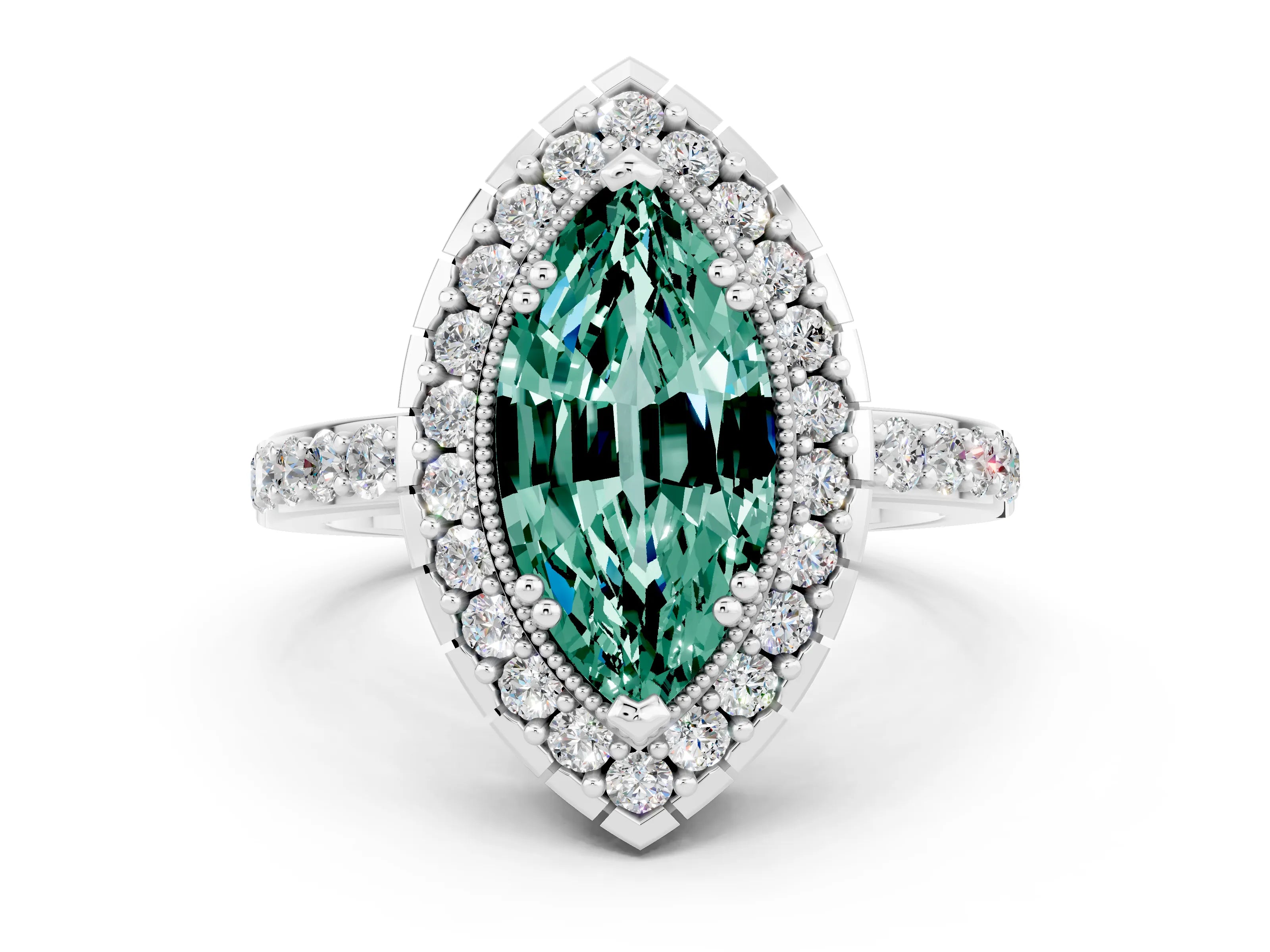 White gold Marquise Cut Green Sapphire Halo Ring with Pavé Band and Prong Setting