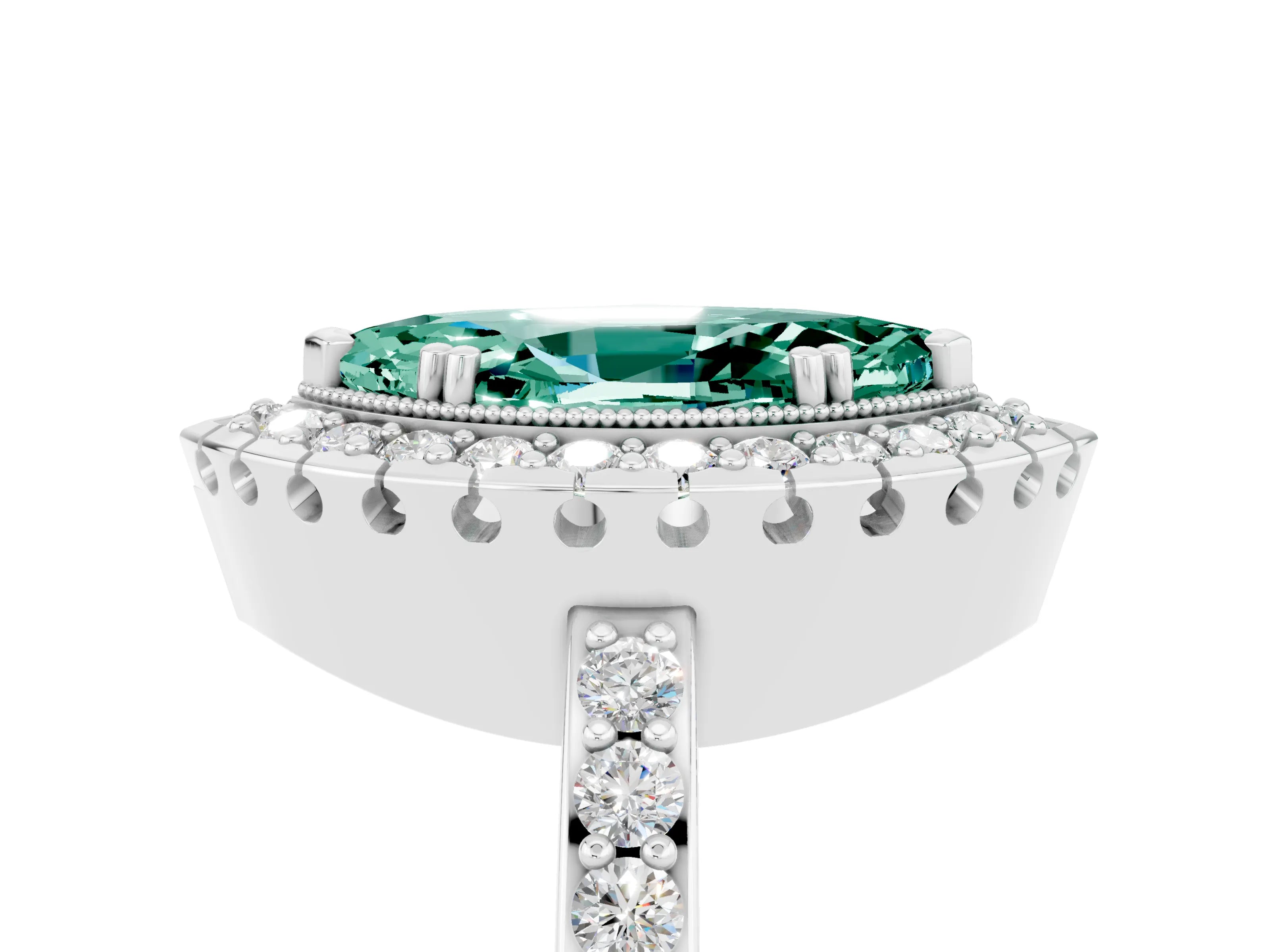 White gold Marquise Cut Green Sapphire Halo Ring with Pavé Band and Prong Setting_5
