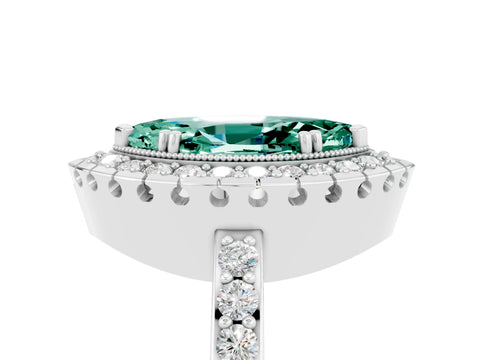 White gold Marquise Cut Green Sapphire Halo Ring with Pavé Band and Prong Setting_5