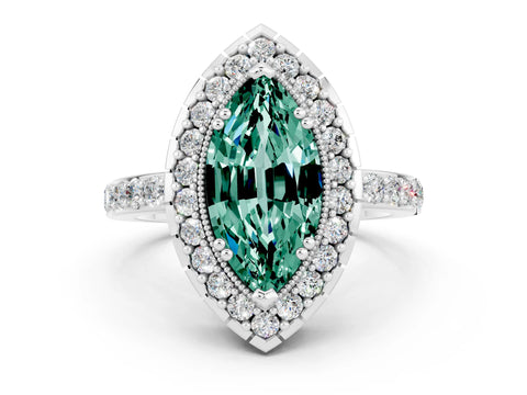 White gold Marquise Cut Green Sapphire Halo Ring with Pavé Band and Prong Setting