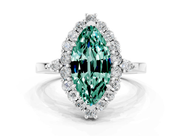 Platinum Marquise Cut Green Sapphire Halo Ring with Pear Side Stones and Prong Setting
