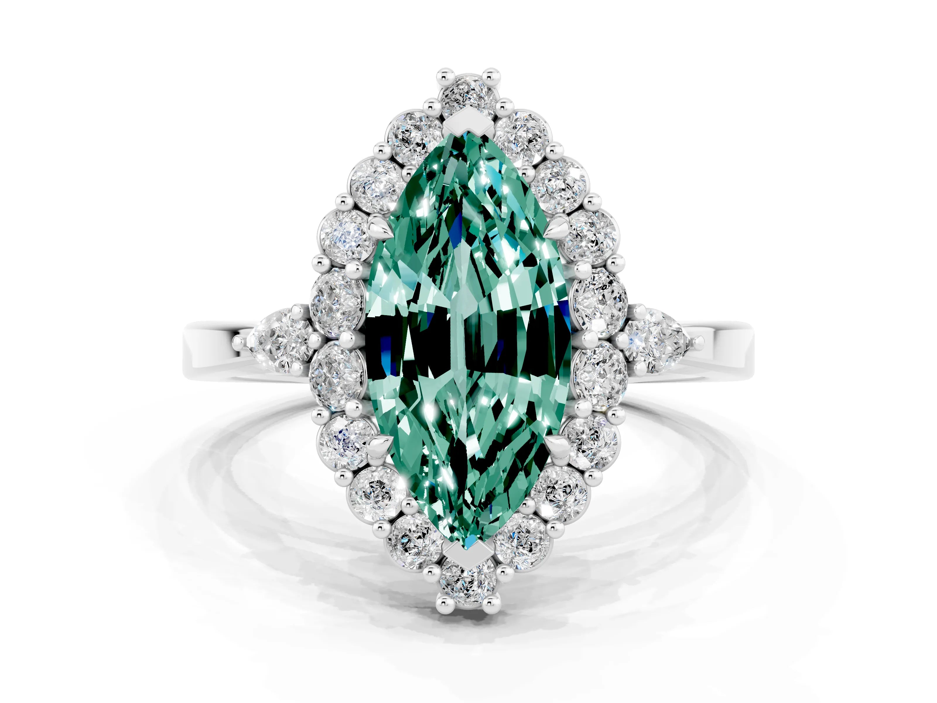 White gold Marquise Cut Green Sapphire Halo Ring with Pear Side Stones and Prong Setting_24