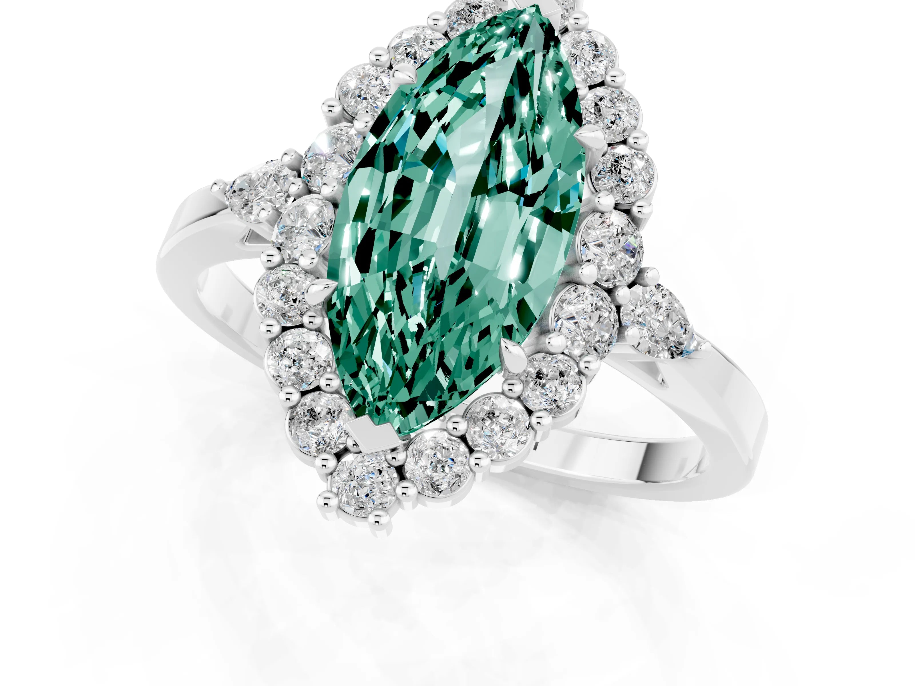 White gold Marquise Cut Green Sapphire Halo Ring with Pear Side Stones and Prong Setting_25