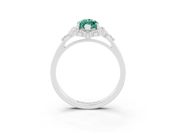 White gold Marquise Cut Green Sapphire Halo Ring with Pear Side Stones and Prong Setting