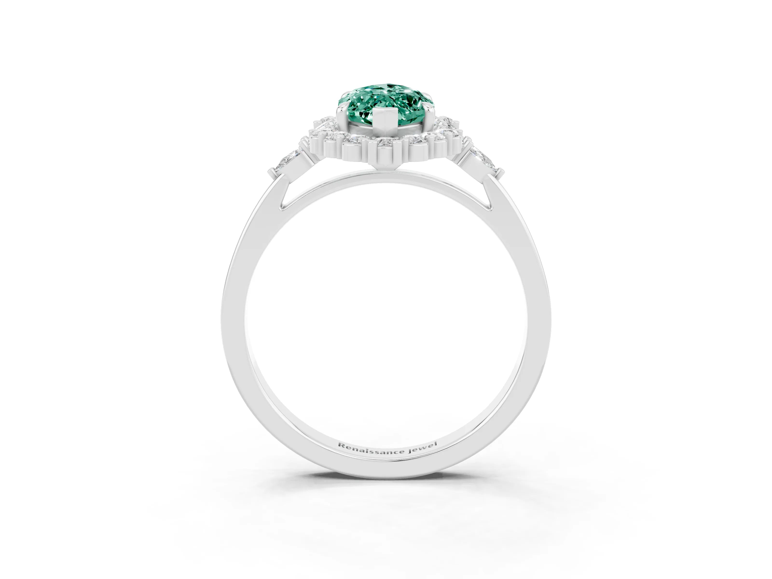 White gold Marquise Cut Green Sapphire Halo Ring with Pear Side Stones and Prong Setting_27