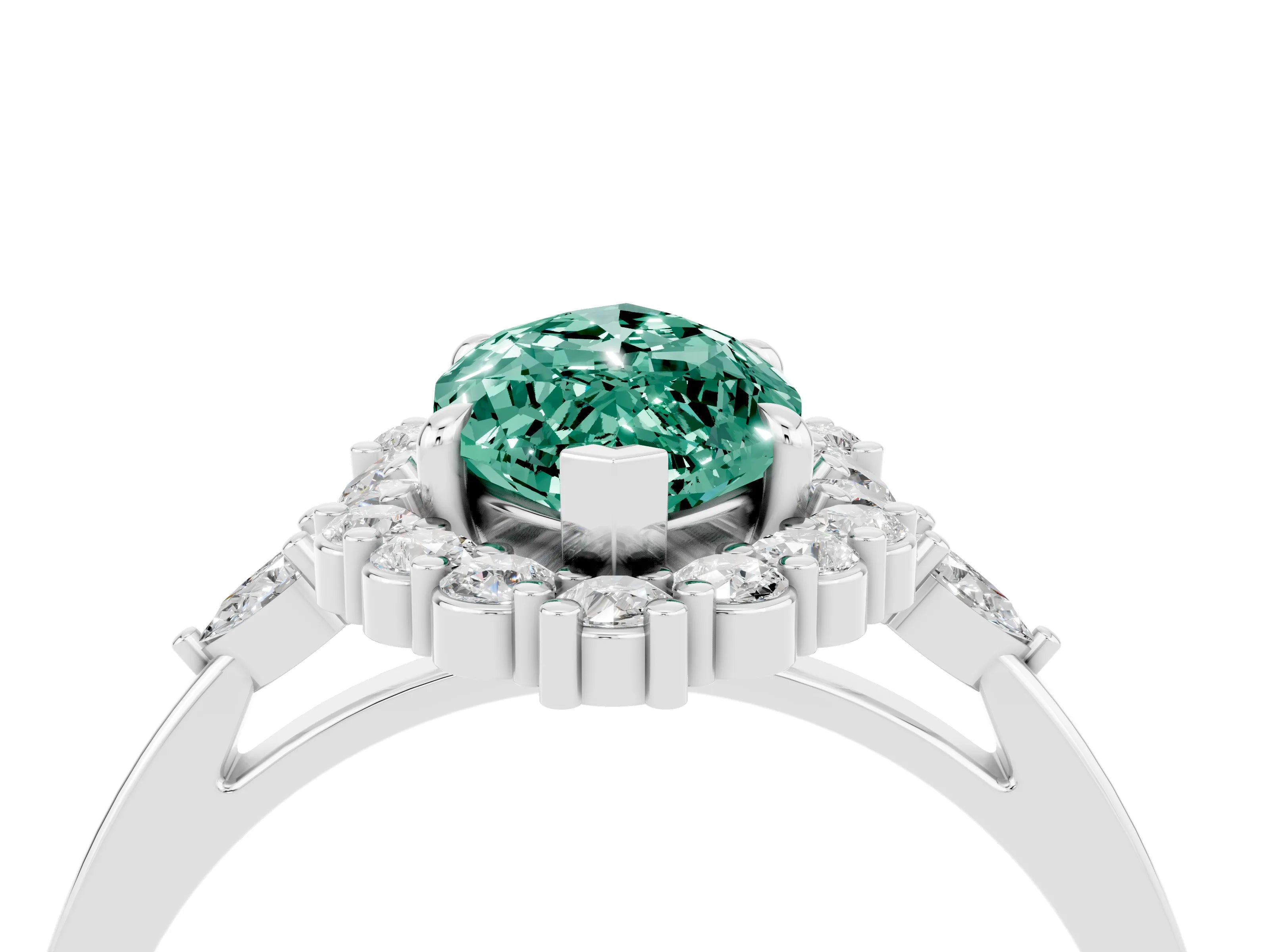 White gold Marquise Cut Green Sapphire Halo Ring with Pear Side Stones and Prong Setting_28