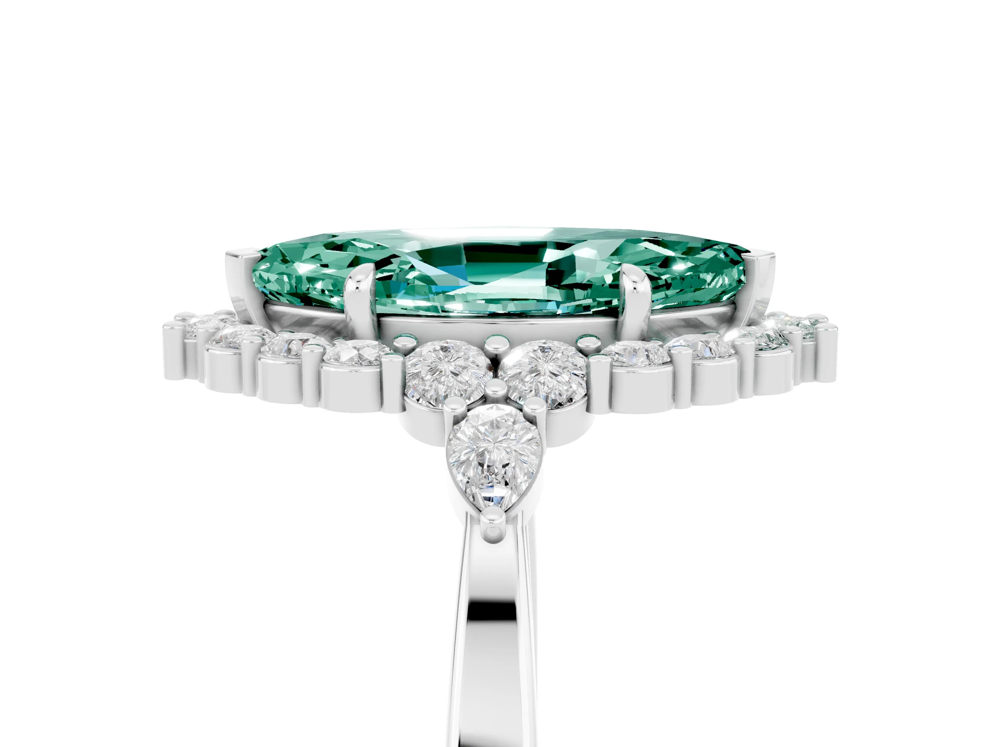 White gold Marquise Cut Green Sapphire Halo Ring with Pear Side Stones and Prong Setting_29