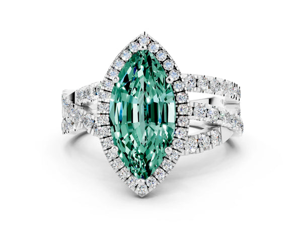 Platinum Marquise Cut Green Sapphire Halo Ring with Round Split Shank and Prong Setting