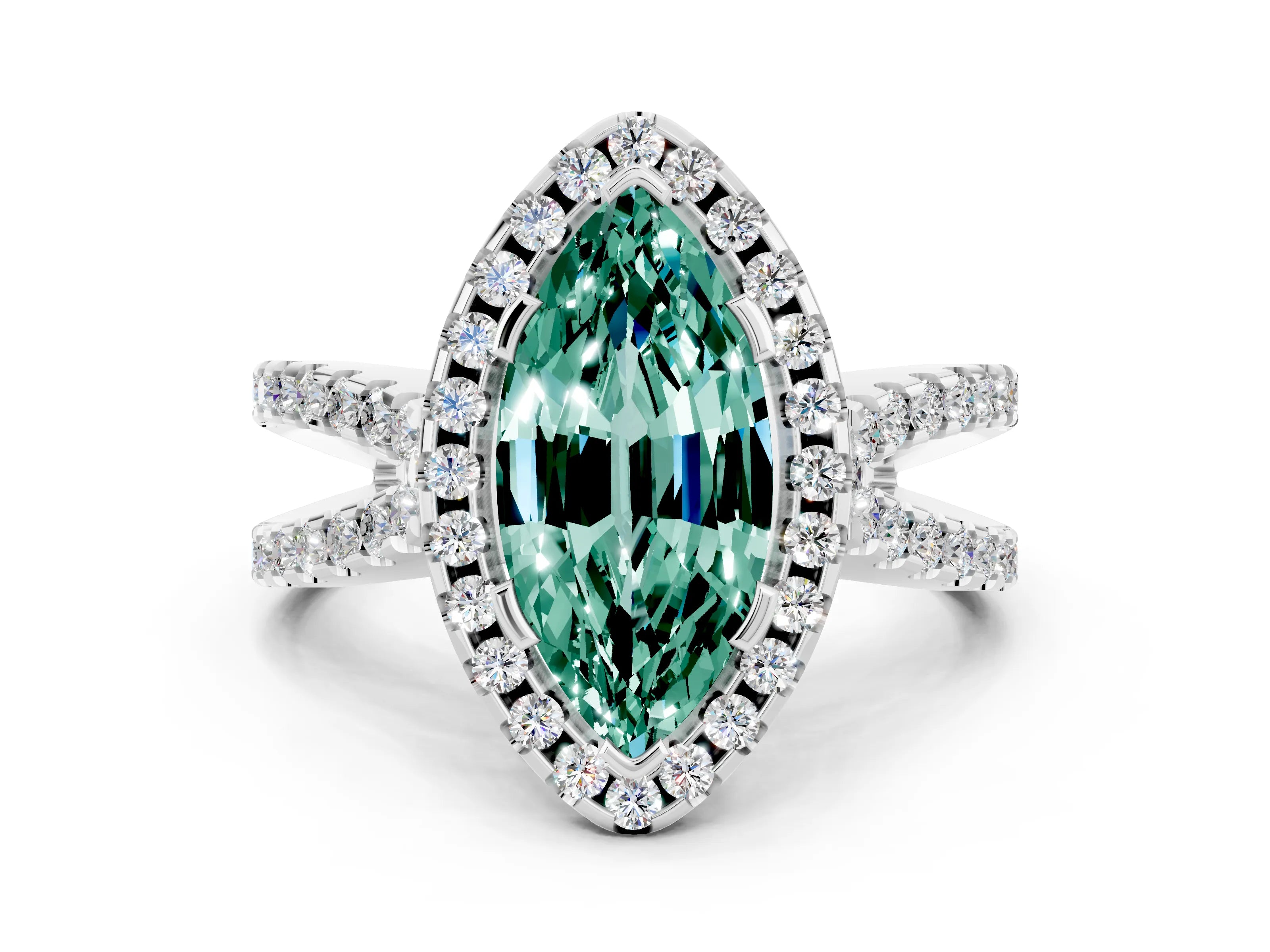 White gold Marquise Cut Green Sapphire Halo Ring with Split Shank Pavé Band and Prong Setting