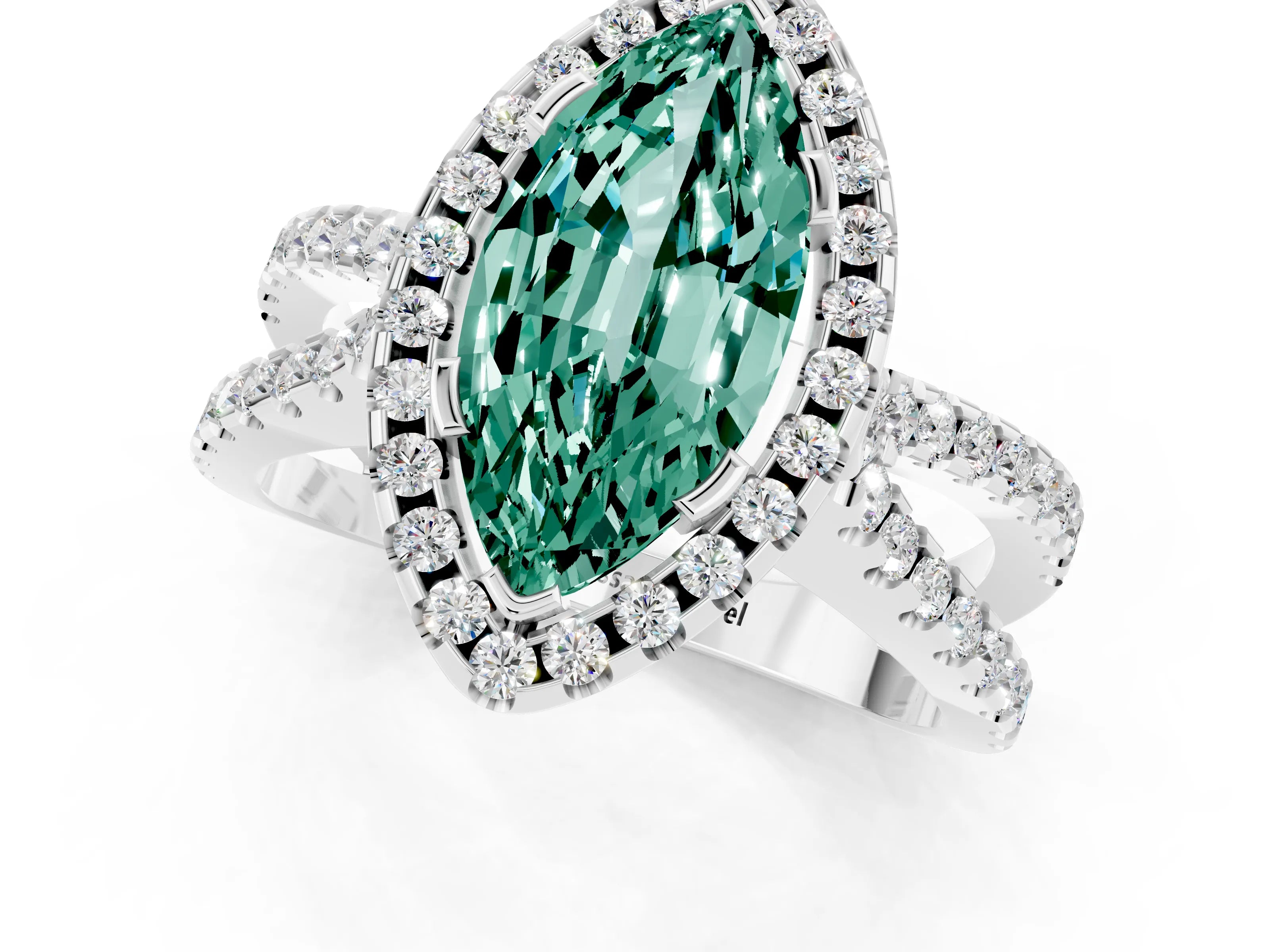 White gold Marquise Cut Green Sapphire Halo Ring with Split Shank Pavé Band and Prong Setting_1