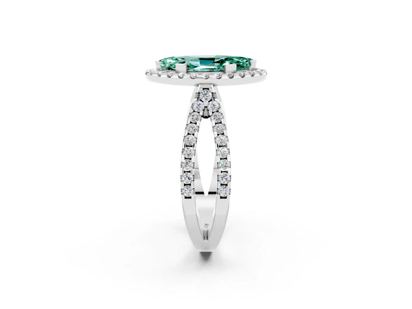 Platinum Marquise Cut Green Sapphire Halo Ring with Split Shank Pavé Band and Prong Setting