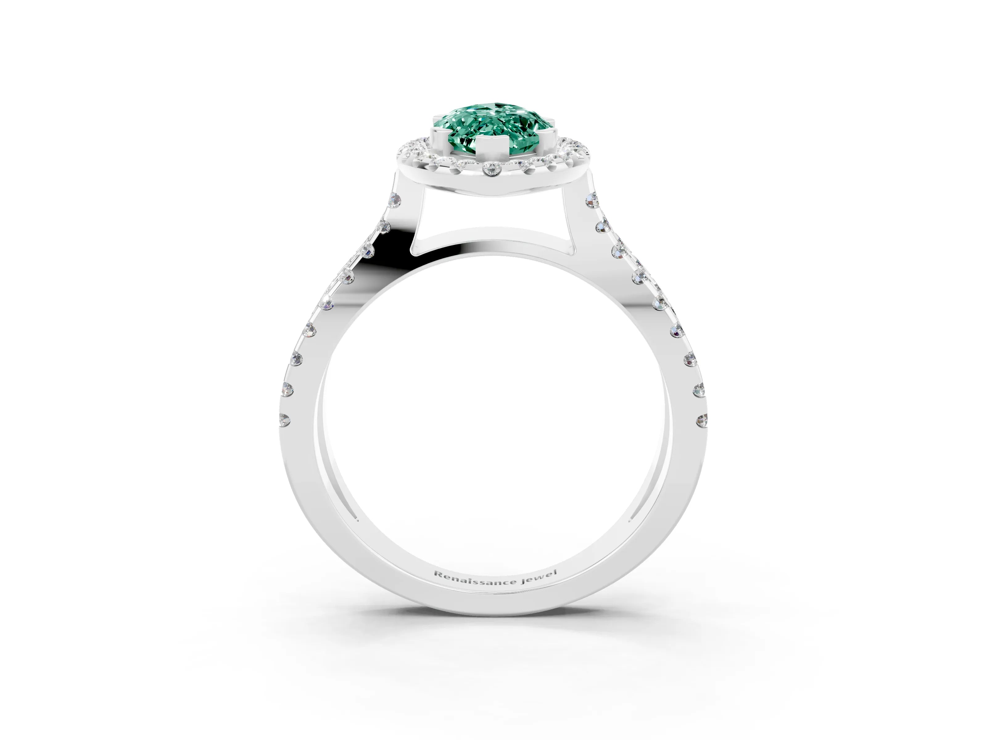 White gold Marquise Cut Green Sapphire Halo Ring with Split Shank Pavé Band and Prong Setting_3