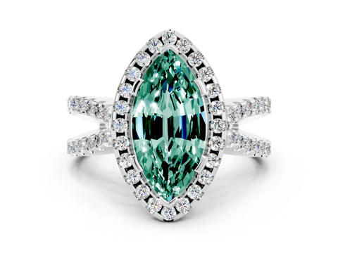 White gold Marquise Cut Green Sapphire Halo Ring with Split Shank Pavé Band and Prong Setting