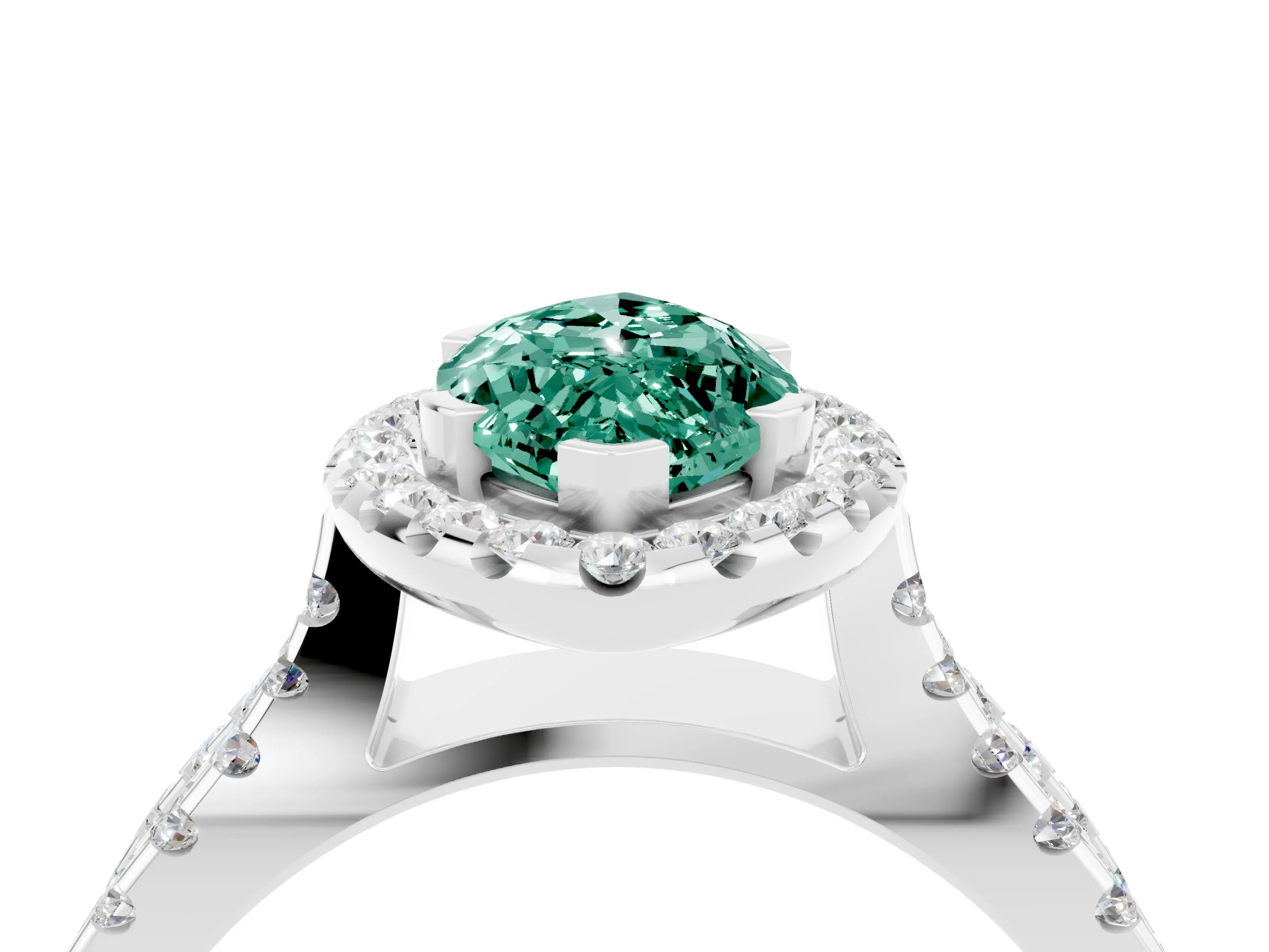 White gold Marquise Cut Green Sapphire Halo Ring with Split Shank Pavé Band and Prong Setting_4