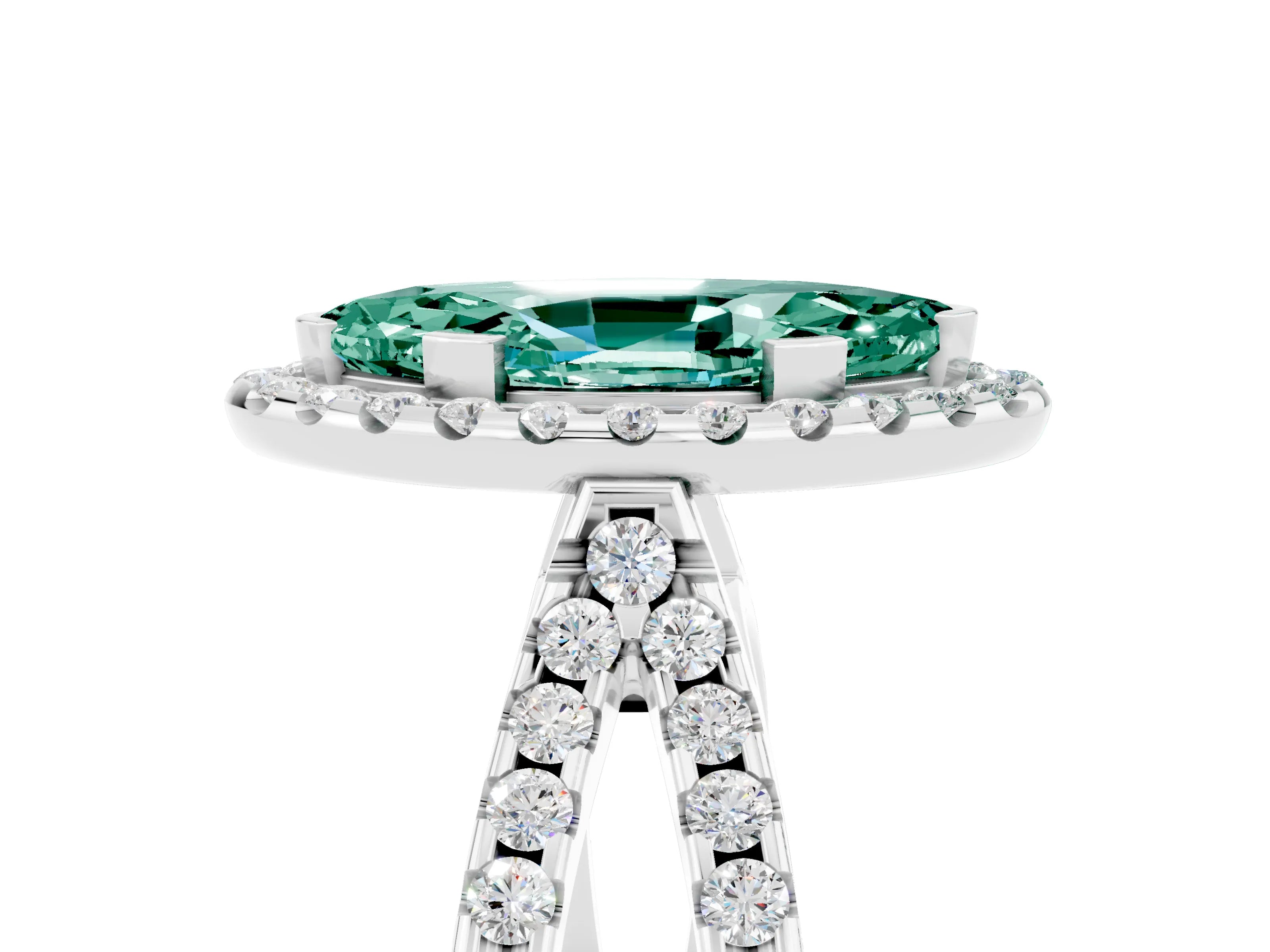 White gold Marquise Cut Green Sapphire Halo Ring with Split Shank Pavé Band and Prong Setting_5