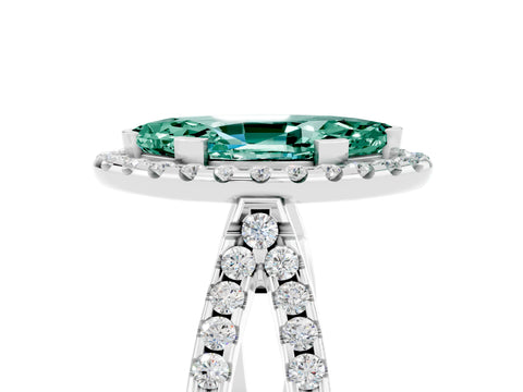 White gold Marquise Cut Green Sapphire Halo Ring with Split Shank Pavé Band and Prong Setting_5
