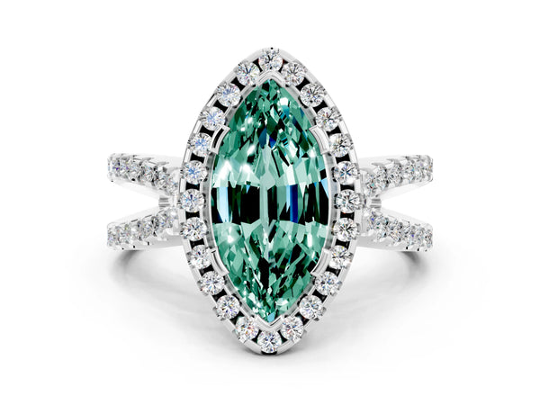 Silver Marquise Cut Green Sapphire Halo Ring with Split Shank Pavé Band and Prong Setting