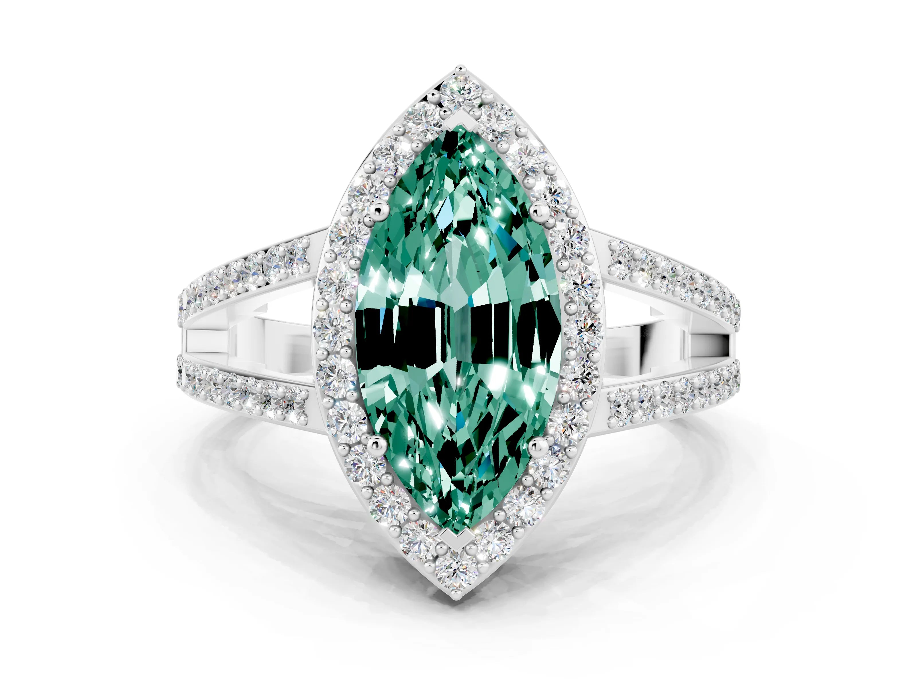 White gold Marquise Cut Green Sapphire Halo Ring with Split Shank U-Prong Band and Four-Prong Setting