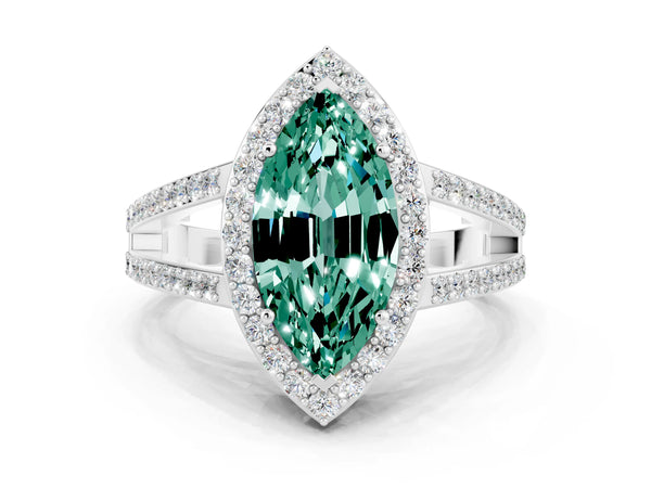 Platinum Marquise Cut Green Sapphire Halo Ring with Split Shank U-Prong Band and Four-Prong Setting