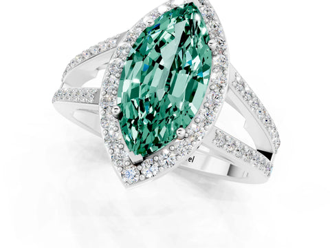 White gold Marquise Cut Green Sapphire Halo Ring with Split Shank U-Prong Band and Four-Prong Setting_1
