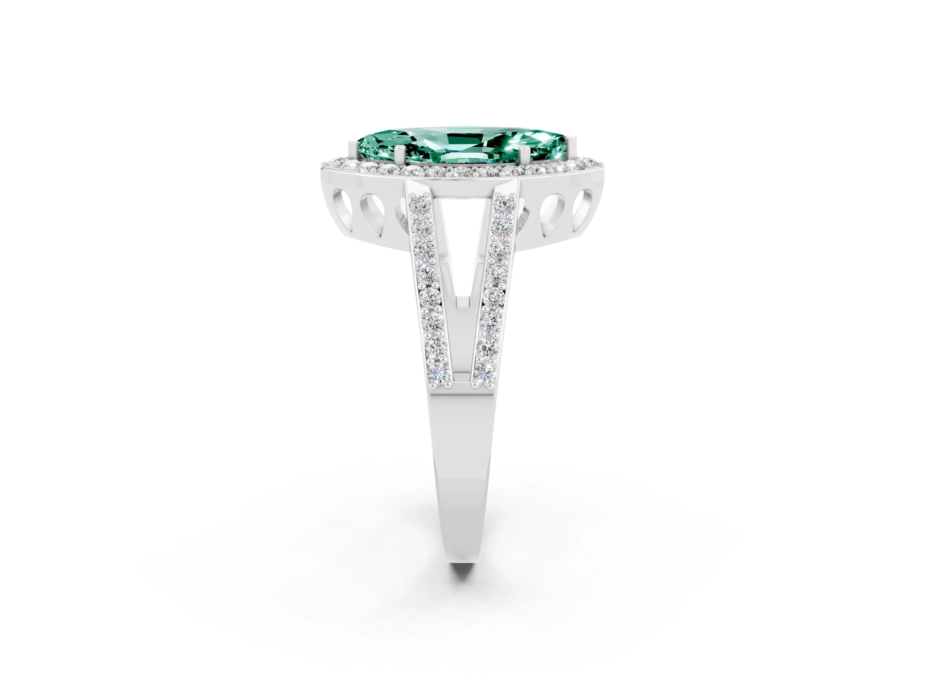 White gold Marquise Cut Green Sapphire Halo Ring with Split Shank U-Prong Band and Four-Prong Setting_2