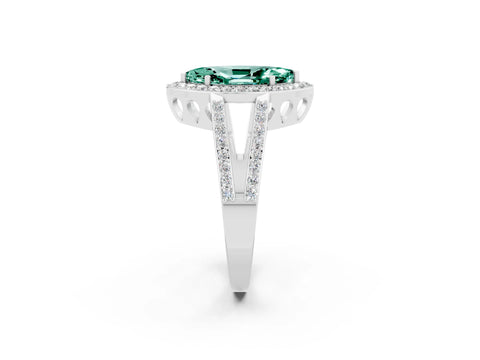 White gold Marquise Cut Green Sapphire Halo Ring with Split Shank U-Prong Band and Four-Prong Setting_2