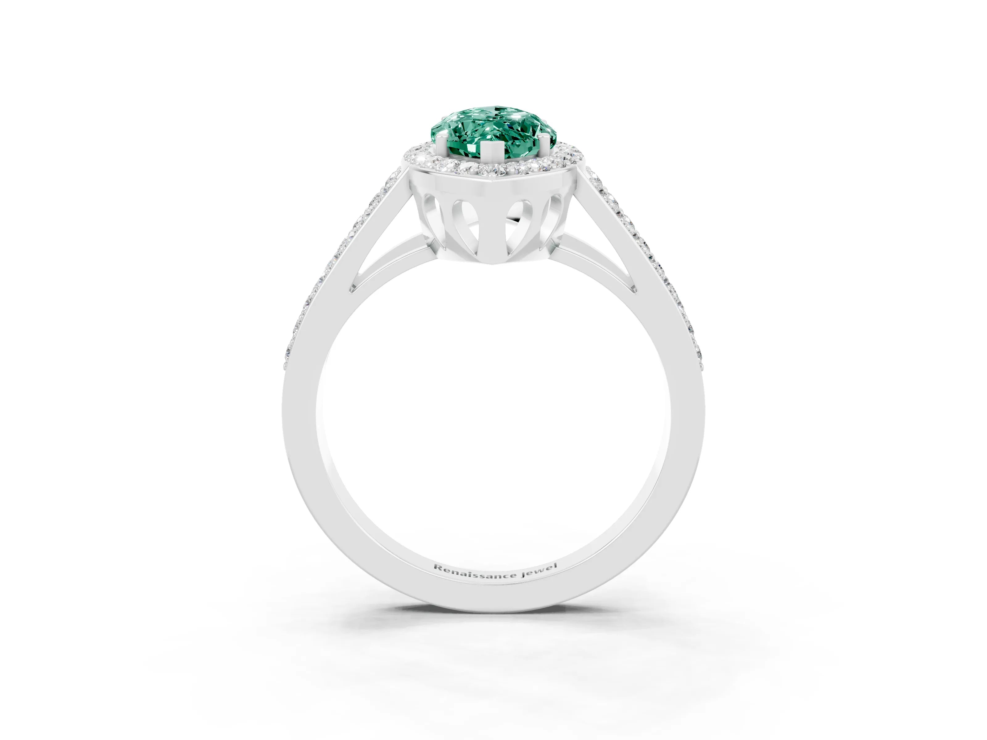 White gold Marquise Cut Green Sapphire Halo Ring with Split Shank U-Prong Band and Four-Prong Setting_3