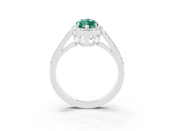 White gold Marquise Cut Green Sapphire Halo Ring with Split Shank U-Prong Band and Four-Prong Setting