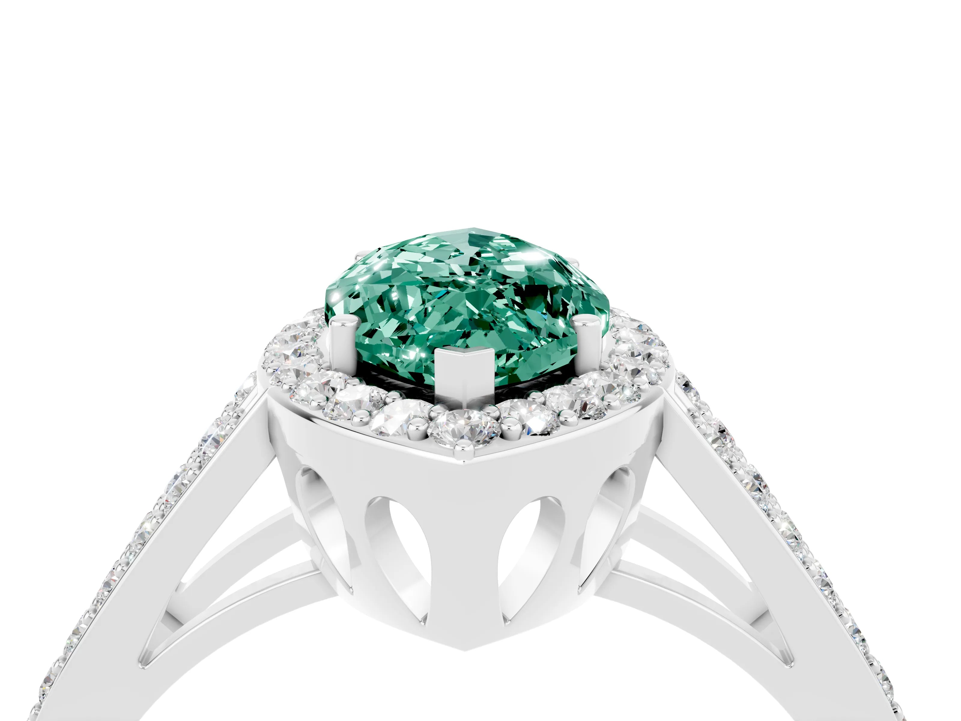 White gold Marquise Cut Green Sapphire Halo Ring with Split Shank U-Prong Band and Four-Prong Setting_4