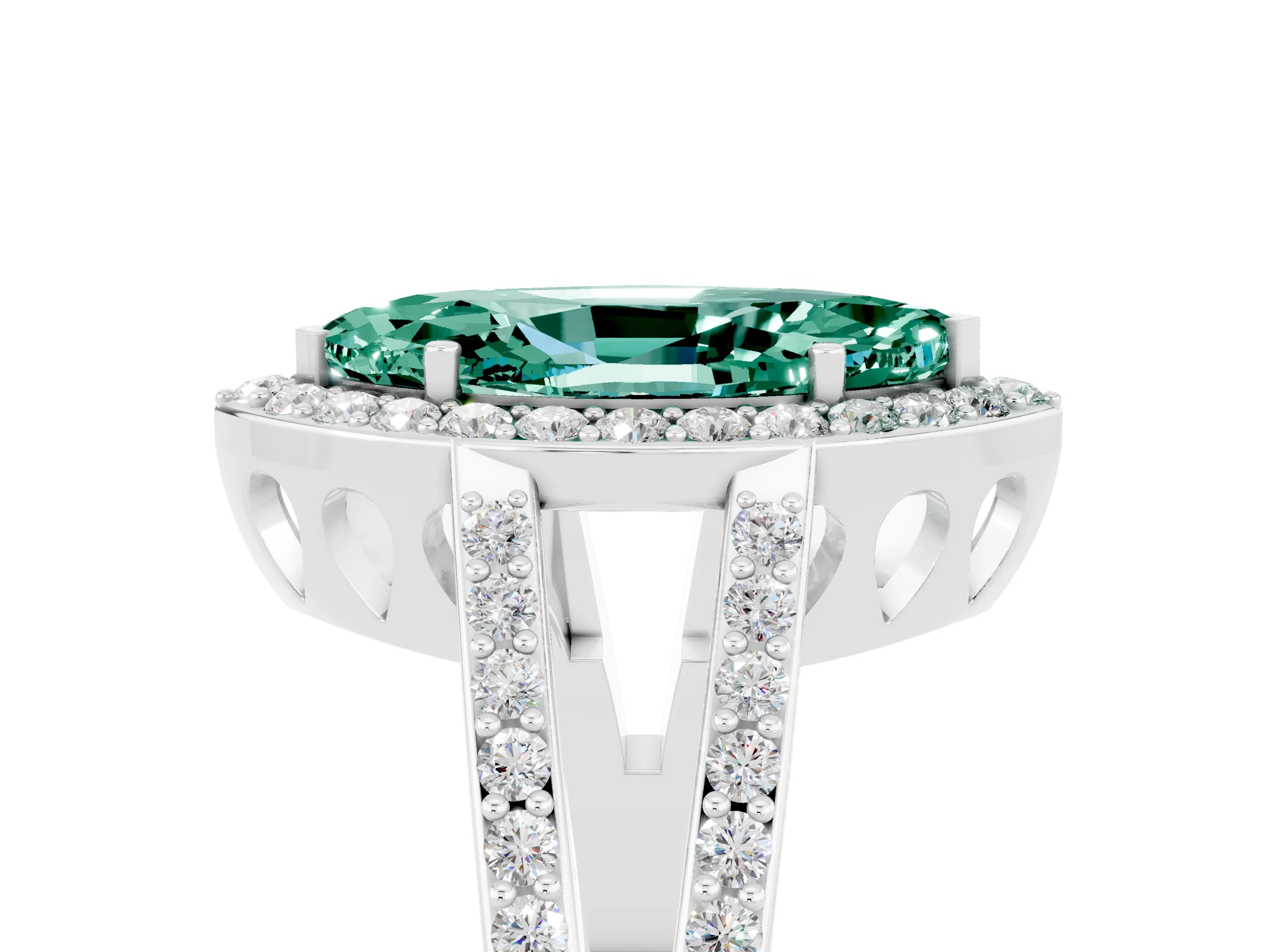White gold Marquise Cut Green Sapphire Halo Ring with Split Shank U-Prong Band and Four-Prong Setting_5