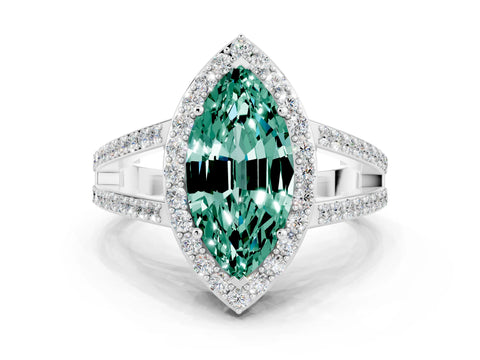 White gold Marquise Cut Green Sapphire Halo Ring with Split Shank U-Prong Band and Four-Prong Setting
