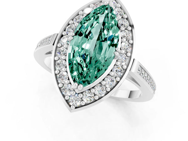 White gold Marquise Cut Green Sapphire Halo Ring with Split Shank and Four-Prong Setting