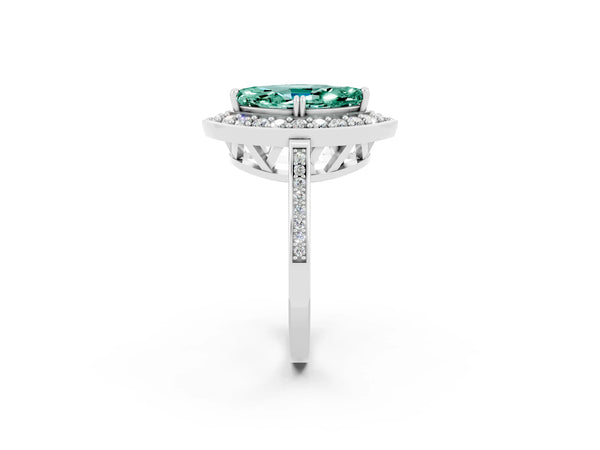 Platinum Marquise Cut Green Sapphire Halo Ring with Split Shank and Four-Prong Setting