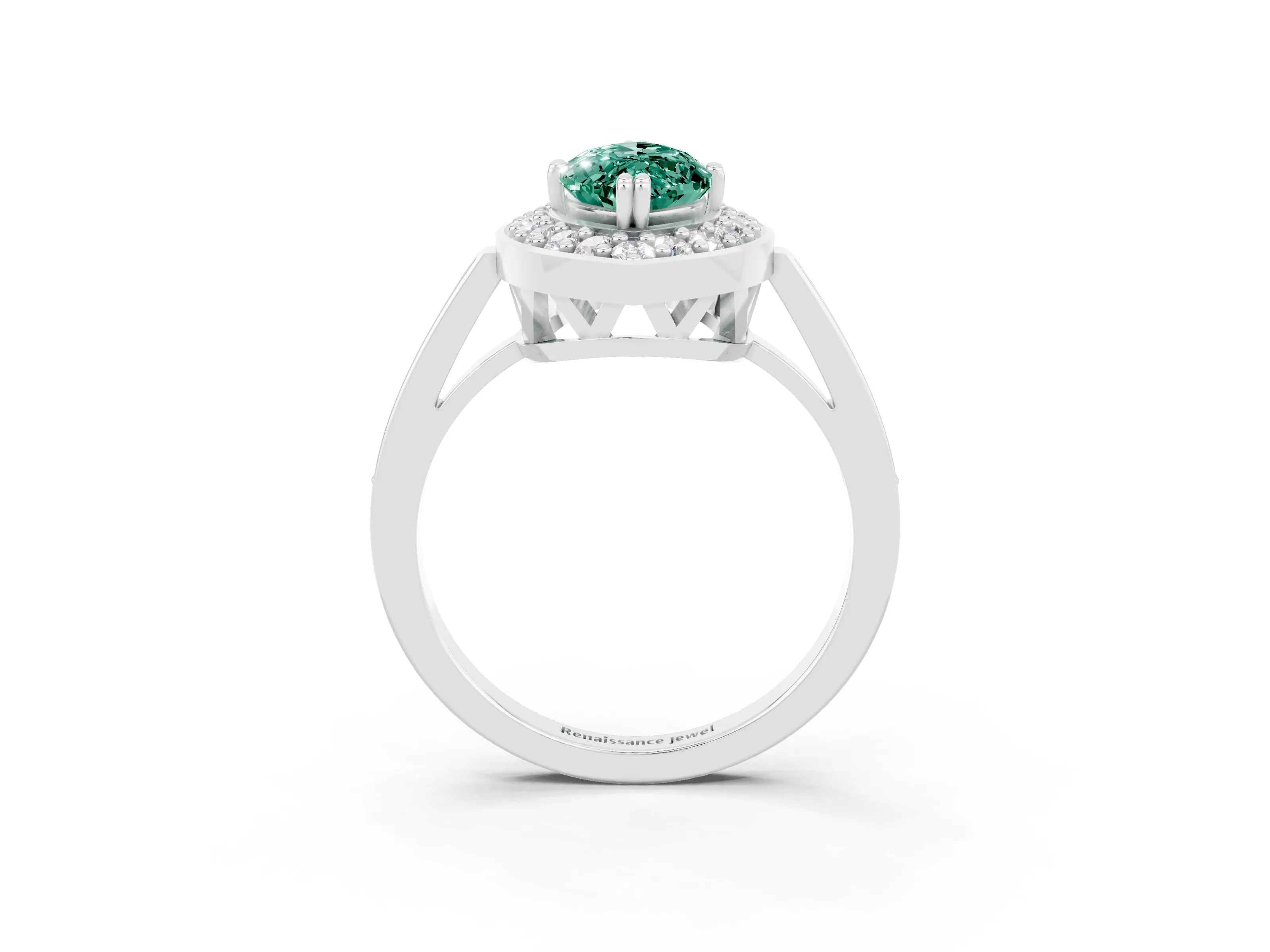 White gold Marquise Cut Green Sapphire Halo Ring with Split Shank and Four-Prong Setting_3