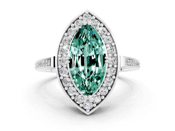 Silver Marquise Cut Green Sapphire Halo Ring with Split Shank and Four-Prong Setting