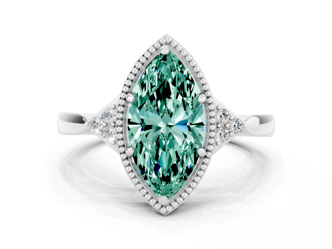 White gold Marquise Cut Green Sapphire Halo Ring with Tapered Band and Four-Prong Setting