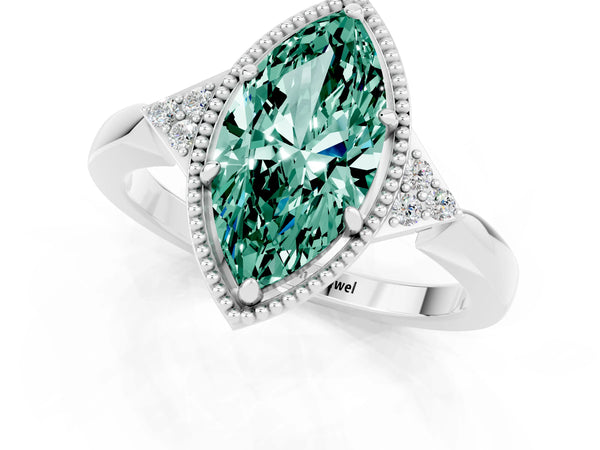 White gold Marquise Cut Green Sapphire Halo Ring with Tapered Band and Four-Prong Setting