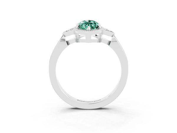 Platinum Marquise Cut Green Sapphire Halo Ring with Tapered Band and Four-Prong Setting