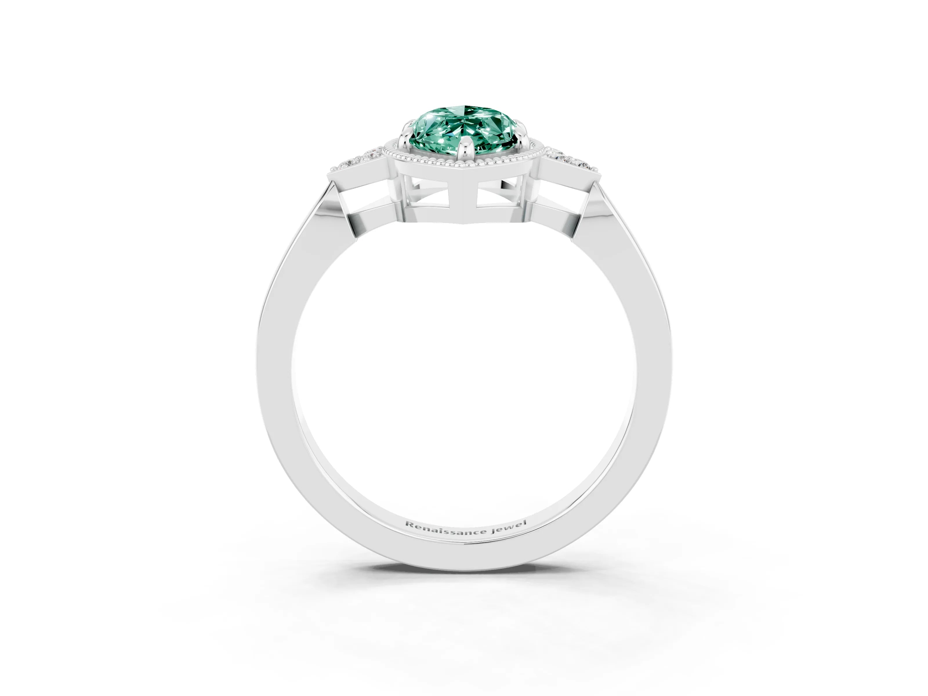 White gold Marquise Cut Green Sapphire Halo Ring with Tapered Band and Four-Prong Setting_3