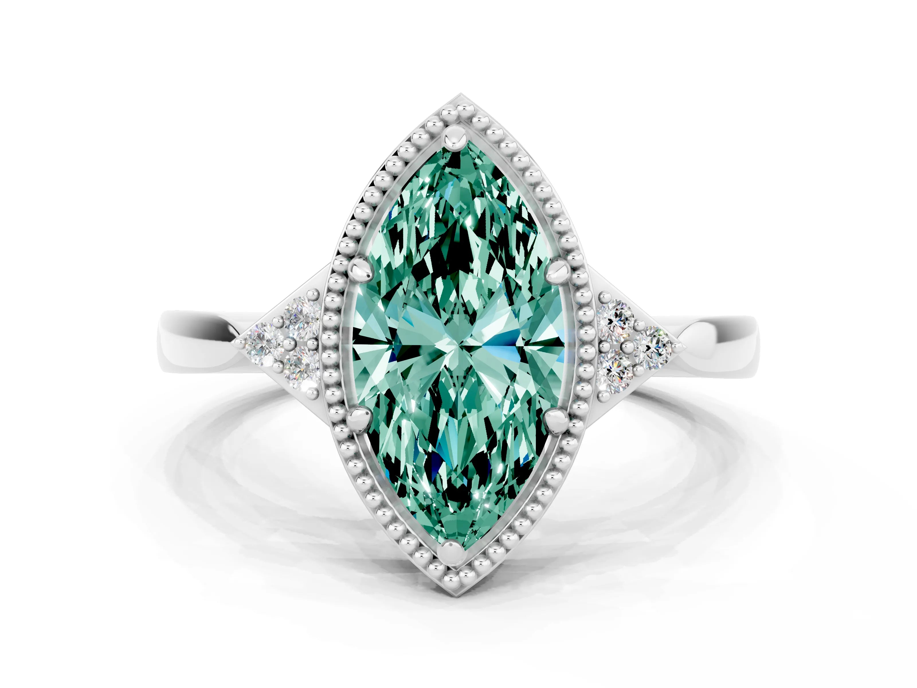White gold Marquise Cut Green Sapphire Halo Ring with Tapered Band and Four-Prong Setting